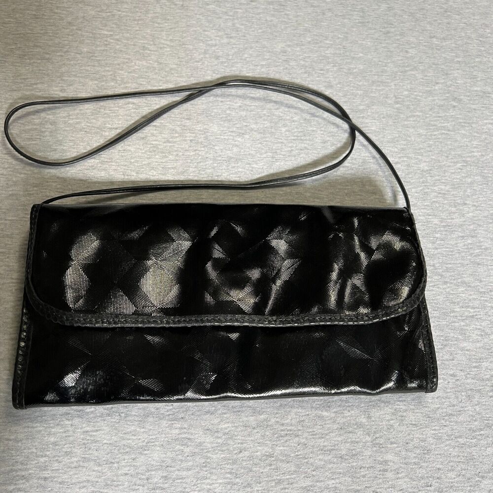 Vintage Carlos Falchi Clutch Crossbody Bag Black Vinyl Hexagonal 3D Shiny Disco